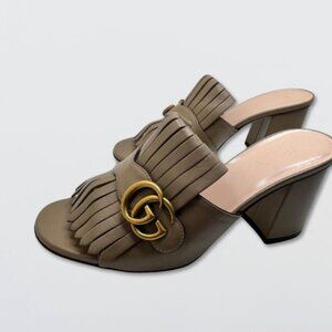 Gucci GG Marmont Fringe Mules Heels Calfskin Leather Slide Sandals Beige 38.5